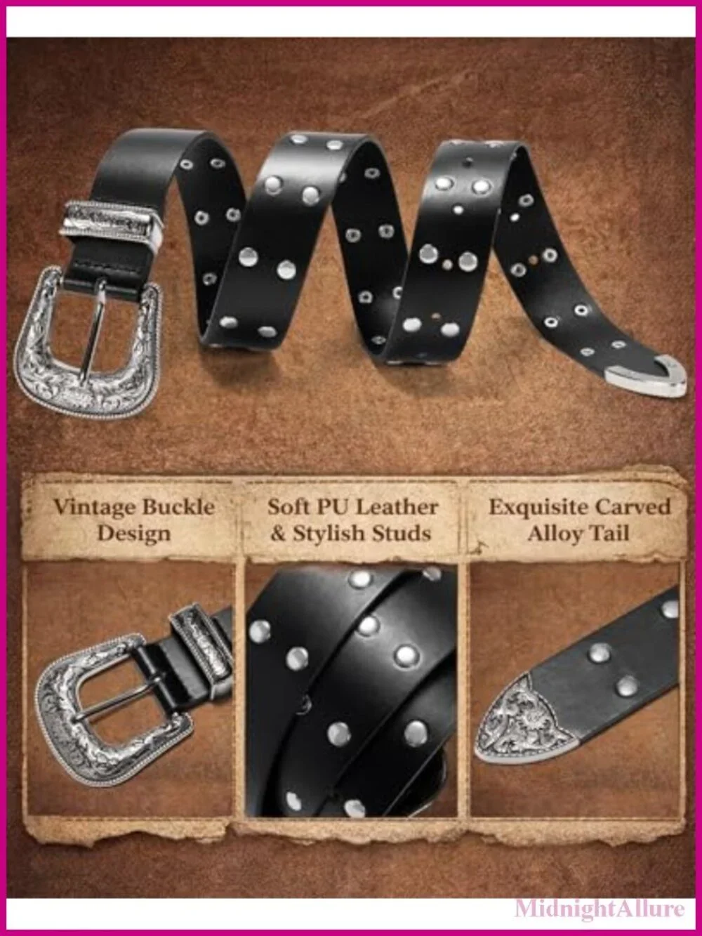 maikun Studded Belt Western Buckle Punk Rock Rivet Adjustable Fit